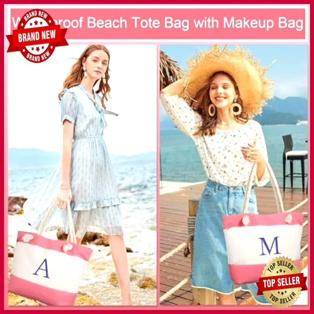 Large Waterproof Canvas Tote Bag with Zipper Pockets for Beach Travel
